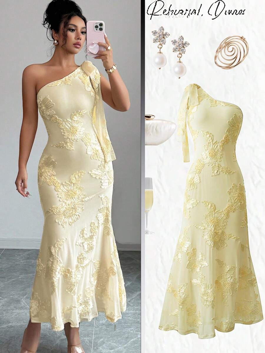 Elenzga 提花针织透视性感不对称领口交叉紧身鱼尾连衣裙 - 杏色 - 查看 1