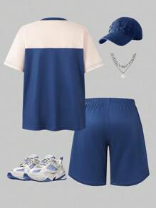 2pcs/Set Tween Boy Vintage American Style Contrast Color Block Numeral Print T-Shirt And Shorts Set - Royal Blue - View 2