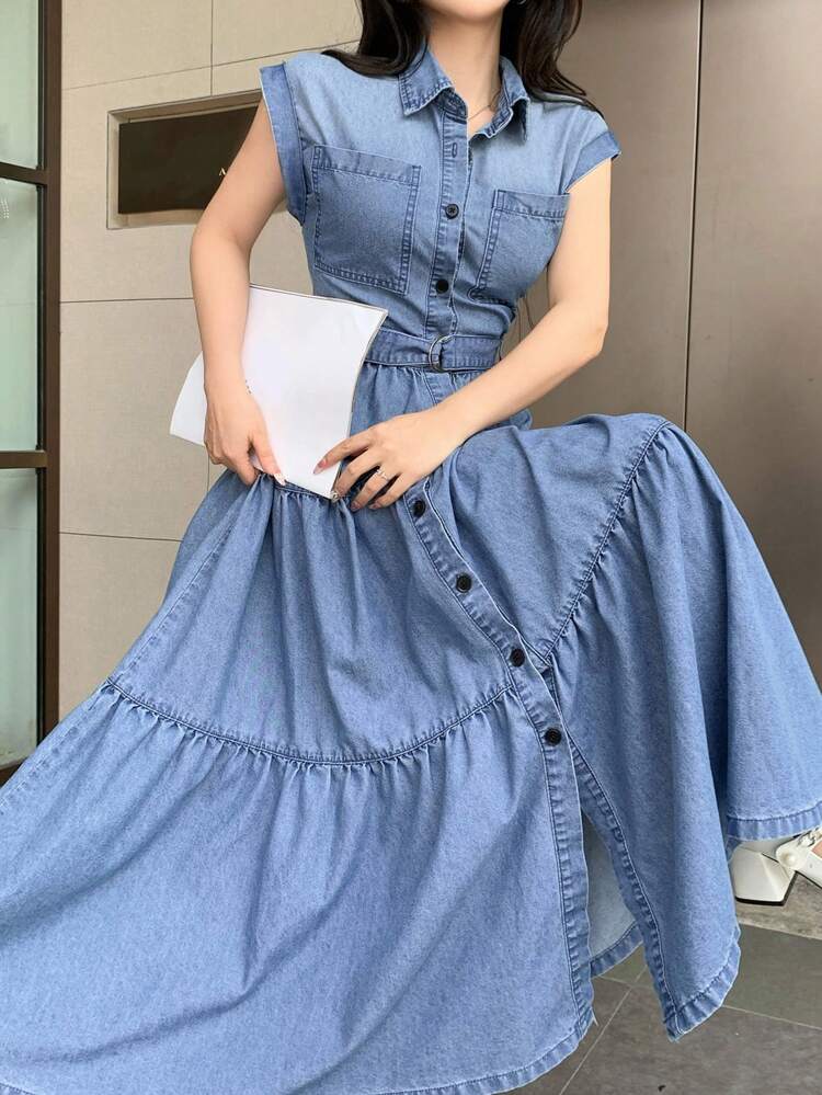 Women's Summer Turndown Collar Short Sleeve Belted Bowknot Denim Cake Dress, Casual Skater Dress