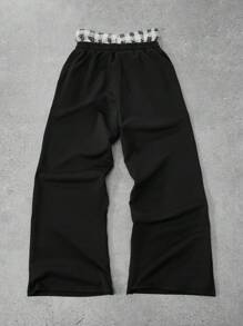 PAVTROS 年轻男士街头风格运动裤，宽松阔腿针织慢跑裤，破洞设计，现代时尚珍珠与经典格纹设计，奢华街头服饰，独特，松紧腰带和口袋，适合街头、休闲装、节日礼物 珍珠运动裤 珍珠裤 男士黑色珍珠运动裤 男士珍珠裤 串珠运动裤 - 黑色 - 查看 2