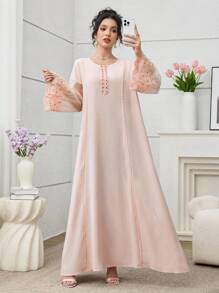 Yasmyna 优雅奢华精工拼布宽松年轻女士时尚高端连衣裙 - 粉色 - 查看 7