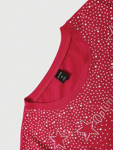 ROMWE MEN Street Life Men's Summer Short Sleeve T-Shirt With English Rhinestone Print Design - Red - View 6