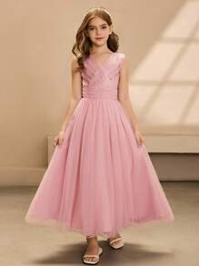 Girls Long Chiffon Dress, Christmas, Wedding, Birthday Party, Formal Gown For Teens - Pink - View 3
