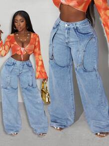 大码休闲日常纽扣细节斜口袋宽松阔腿牛仔裤 - 淺藍色 - 查看 2