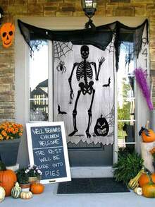 ROMWE Goth 1 件黑色蕾丝蜘蛛网骷髅门帘，带人骨 - 万圣节家居门窗装饰、家居装饰、节日装饰 - 黑色 - 查看 7