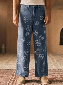 Manfinity VCAY Jeans rectos de cintura media con estampado floral simple y tejido casual para hombres - Azul - Ver 3