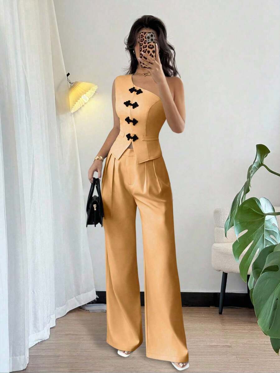 Chiquease 2件套优雅法式斜肩中式图案纽扣装饰套装，适合女士 - 黃色 - 查看 1