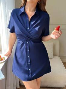 Solflare Plus Size Blue Short Sleeve Shirt Dress - Dusty Blue - View 7