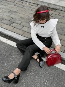 SHEIN Conjunto de blusa con lazo y mangas cortas + pantalones de pierna ancha en estilo dulce para niña