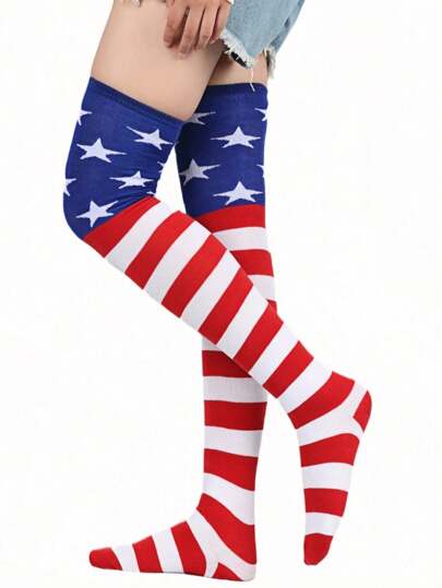Grunge Punk Women 5-Pointed Star Striped Thigh High Socks And Arm Warmers Set, Punk Style Fashion Casual Versatile Suitable For Party, Gathering, Vacation