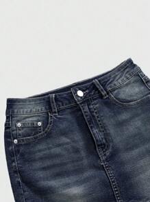 ROMWE Fairycore Y2K 风格蝴蝶刺绣性感低腰紧身迷你裙 - 深色水洗藍 - 查看 4