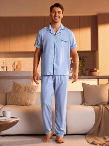 Manfinity Underwear&Sleepwear Basics Heren Blauw Korte mouwen En Lang Broeken Huiskleding Sets