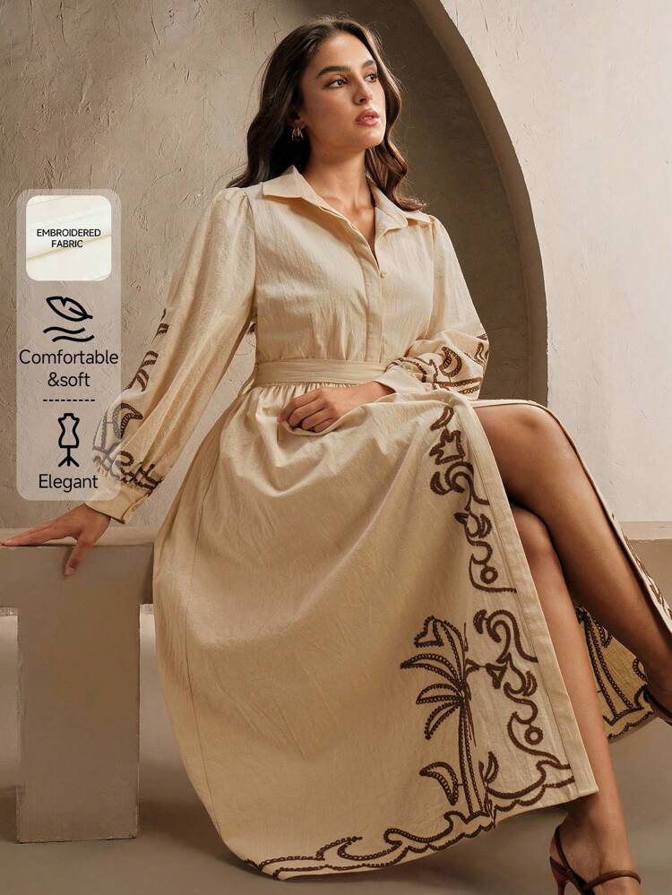 Women's Elegant Romantic Beach Vacation Palm Tree Embroidery Long Sleeve Stand Collar Long Dress, Suitable For Spring, Summer, Festival, Graduation