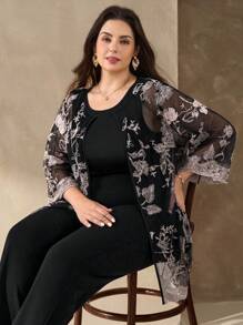Chikora Conjunto de 3 piezas de talla grande: cárdigan de malla bordada floral elegante, top de tirantes y pantalones - Negro - Ver 6