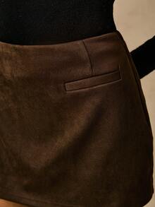 Poéselle 女式纯色仿麂皮仿口袋时尚迷你裙 - 棕色 - 查看 5