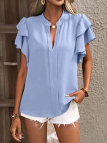 SHEIN Clasi Blusa Solta com Babados na Manga, Gola V e Cor Sólida Minimalista para Férias Femininas - Azul bebê - Visão 4