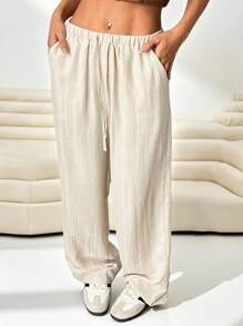 SHEIN EZwear 女款杏色寬腿編織褲，大碼寬鬆版型