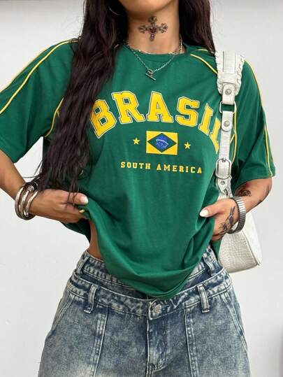 Coolane Camiseta de jersey verde con textura de decoración de talla grande para mujer de primavera/verano y estilo de pareja para hombre, ropa de calle para el día del juego y vuelta al colegio