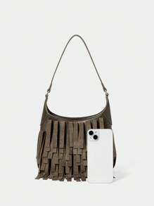 SHECARRY Ladies, Women Shoulder Bag, Hobo Bag, Tassels, Fashionable, Personalized, Simple, Versatile, Street, Sweet And Cool Girls, Hot Girls, Y2k, Retro, Vintage - Army Green - View 5