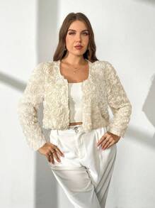 Firerie 大码春秋优雅简约浪漫精致时尚约会夜/休闲/通勤/旅行3D玫瑰纹理面料短款长袖薄款女士夹克 - 杏色 - 查看 6