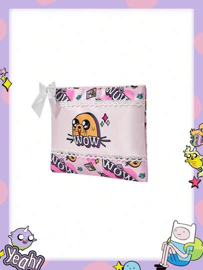 Adventure Time X ROMWE Cartoon Pattern Lace Trim Large Capacity Women's Cosmetic Bag, Portable Pouch