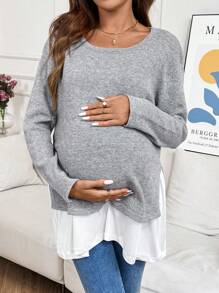 SHEIN 孕妇宽松落肩长袖休闲毛衣 - 2 合 1