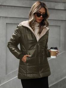 Aveloria Modichic Ropa de abrigo acolchada con capucha a cuadros sencillos, casual y versátil - Verde militar - Ver 5