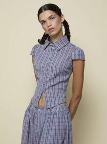 COUREZ 纹理短袖修身衬衫 / Y2K 度假装扮 女装 夏季外出装扮 可爱 - 灰色 - 查看 2