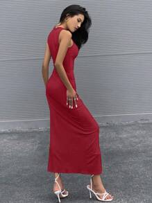 SHEIN Unity Vestido maxi con detalle fruncido y abertura lateral para mujeres, ropa para Año Nuevo - Rosa Roja - Ver 2