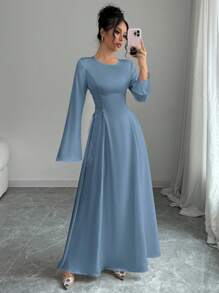 Elenzga 优雅杏色 A 字型束腰喇叭袖连衣裙长款缎面女装 - 藍色 - 查看 6