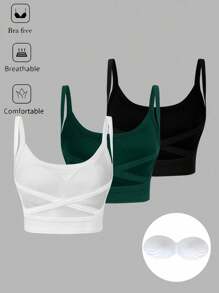 SHEIN VCAY Bộ 3 Áo Bra Thể Thao Racerback Dáng Rộng Cho Nữ, Màu Đen, Xanh Lá Đậm, Trắng, Thích Hợp Cho Mùa Hè - Nhiều màu - Xem 1