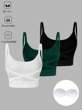 SHEIN VCAY 3 Stücke/Set Damen lässige Racerback Sport BH Crop Tops, Schwarz, Dunkelgrün, Weiß, passend für den Sommer