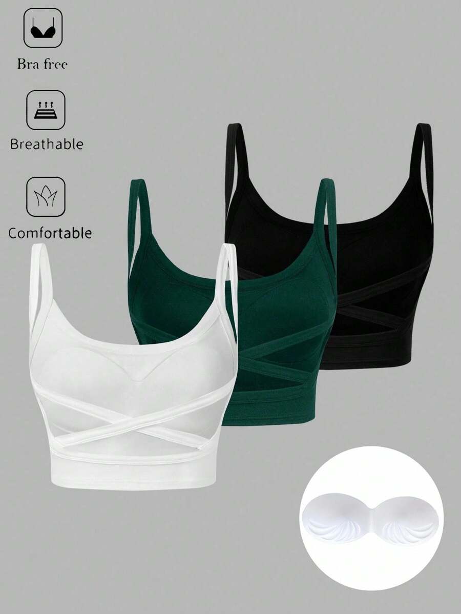 SHEIN VCAY Bộ 3 Áo Bra Thể Thao Racerback Dáng Rộng Cho Nữ, Màu Đen, Xanh Lá Đậm, Trắng, Thích Hợp Cho Mùa Hè - Nhiều màu - Xem 1