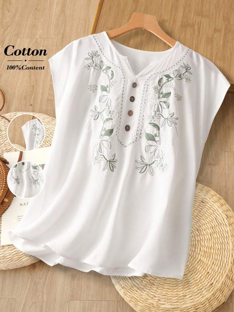 夏用 レディース Vネック ノースリーブ ヴィンテージカジュアル 刺繍ブラウス