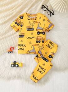 2 件套幼儿男童休闲卡车和字母印花圆领短袖上衣和松紧腰针织紧身裤，可爱家居服 - 黃色 - 查看 8