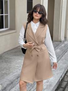 Girls' Vintage Style Collared Sleeveless Tie Waist Dress With Design Details - Khaki - View 8