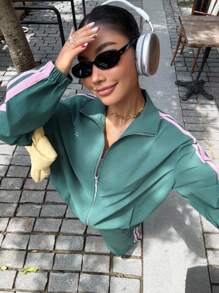 Muchica Conjunto de dos piezas para mujer de chaqueta y pantalones deportivos con bloqueo de color y diseño a rayas tejidos