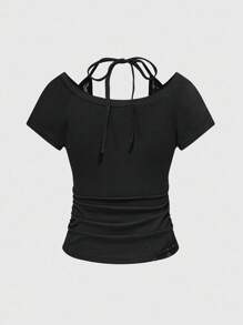 ROMWE Grunge Punk تي شيرت قطعتين سير بطراز الغروب مطبوع بأجنحة ومرصع بالراين المعادن، تناسب الحجم الضيق، فتحة رقبة بأشرطة سباغيتي، تصميم فيونكة للنساء، للموسيقى والمهرجانات الشوارعية - الأسود - مشاهدة 2