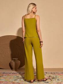 Bóhologie Damen Trägertop und Hose Set aus einfarbigem Material, legeres Zweiteiler-Outfit - Olivgrün - Übersicht 2