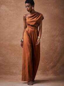 Zivah 2025 夏季新款休闲通勤度假气质棕色单肩褶皱阔腿长款女连体裤，毕业季，日常旅行，优雅，派对聚会，节日，早午餐装，机场装，返校，通勤，购物，旅行，约会，婚礼，度假 - 棕色 - 查看 6