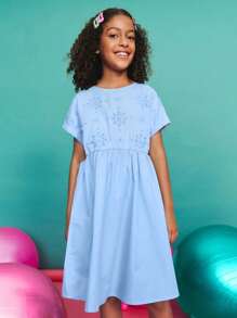 Leap Crew Leap Crew 青少年女孩休闲简约舒适圆领短袖收腰镂空侧边修身连衣裙 - 藍色 - 查看 3