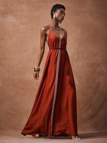 Zivah 2025 Sommer Neue Urlaubs-Rot-Braun Träger Wickel Rückenfreies Träger Damen Maxikleid, Urlaub, Boho, Reise, Party, Tägliche Reise, Abschlussfeier, Flughafen-Outfit, Brunch-Outfit, Nomadischer Retro Stil-A