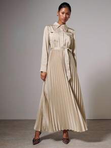 COSMINA Robe chemise longue pour femmes en satin élégant de couleur unie avec poche pliable, ourlet plissé et ceinture, printemps/automne - Nude - Voir 5