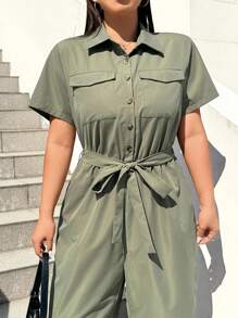 SHEIN EZwear 大码休闲简约军绿色工装连体裤