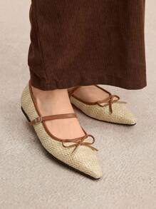 Rosivie 女式复古编织尖头平底鞋，带蝴蝶结扣，休闲度假风格乐福鞋