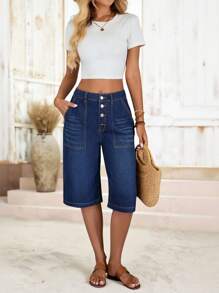 EMERY ROSE 新款女士牛仔高腰五分裤多排扣宽松直筒五分裤深蓝色日常休闲装 - 深色水洗藍 - 查看 3