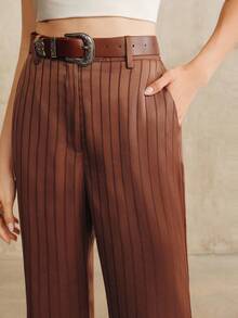 Anewsta New Women Casual Retro Modern Commuter Fashionable Striped Straight Leg Pants - Brown - View 5