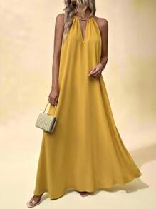 Vesra 女式无袖露背连衣裙，适合夏季超长度假海滩装 - 黃色 - 查看 3
