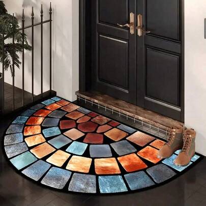 SHEIN 1 Colorful Stone Doormat - Thick Non-Slip Soft Velvet Carpet, A Must-Have For Home Decoration, Suitable For Porches And Living Rooms, Machine Washable Polyester Material, Stylish Round Design, Mosaic Print Color: Brown, Blue, Green, Orange, Red, White And Black, Living Room Floor Mat
