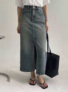 DAZY 女士夏季开衩常规中腰长款休闲牛仔裙 - 中等水洗藍 - 查看 1